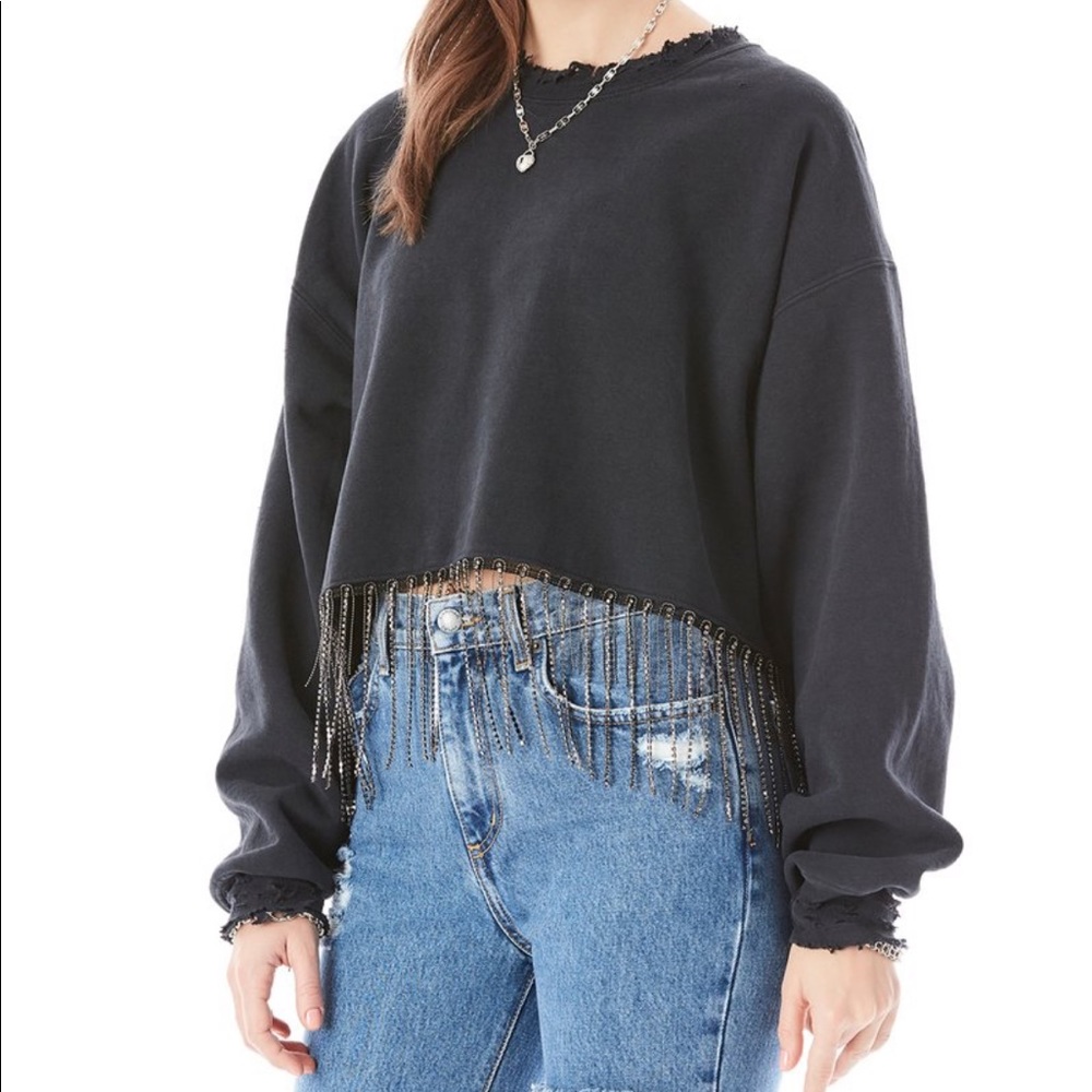 OVERSIZED RHINESTONE FRINGE CROP SWEATSHIRT